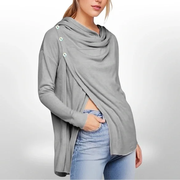 Free People Bond Cardigan Oversized Drape Wrap Hooded Sweater | Gray | Size M - Picture 14 of 15